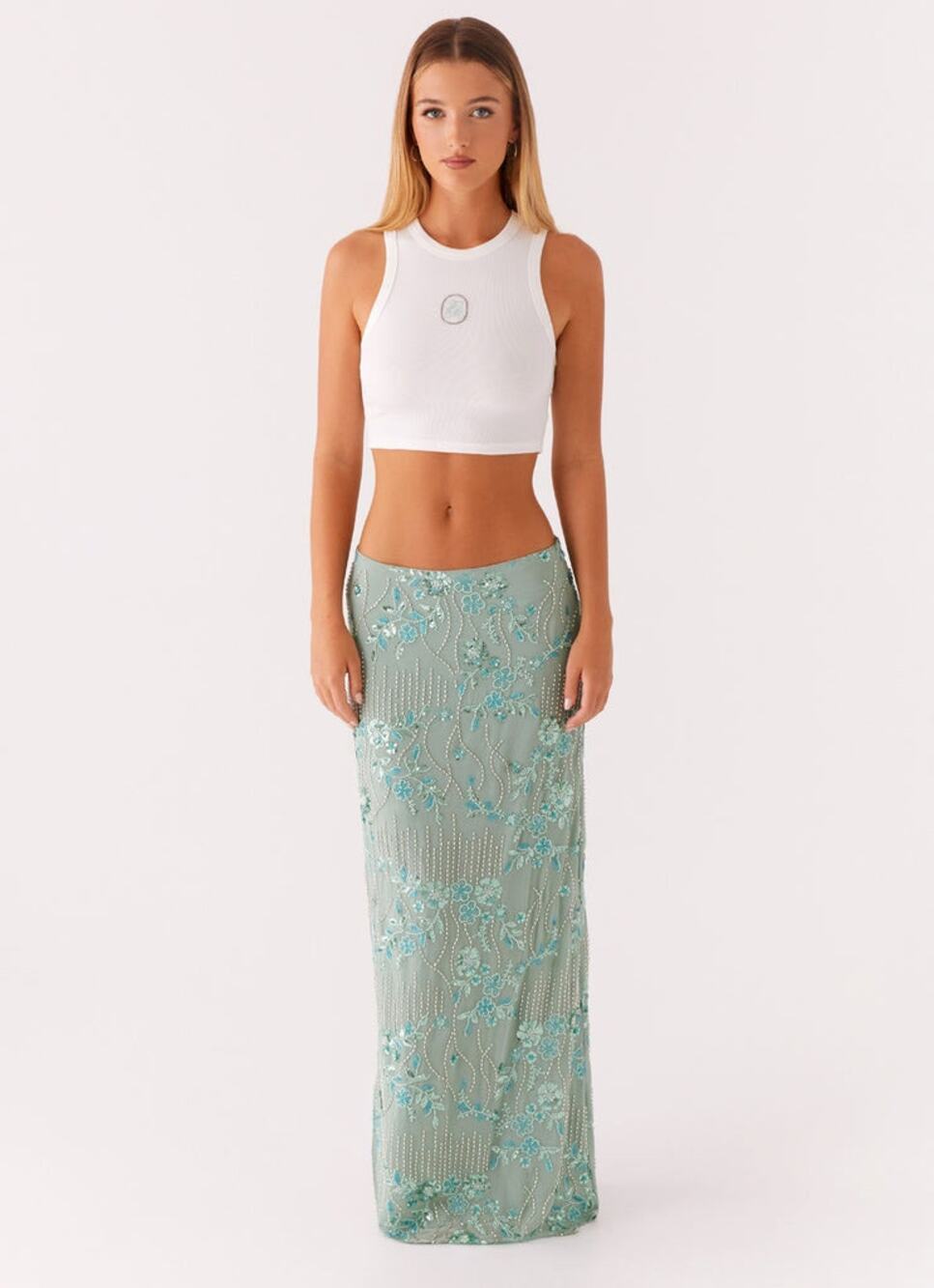 Green Allover Beaded Sequin Maxi Skirt Resort Vacation Glam Women's size Medium